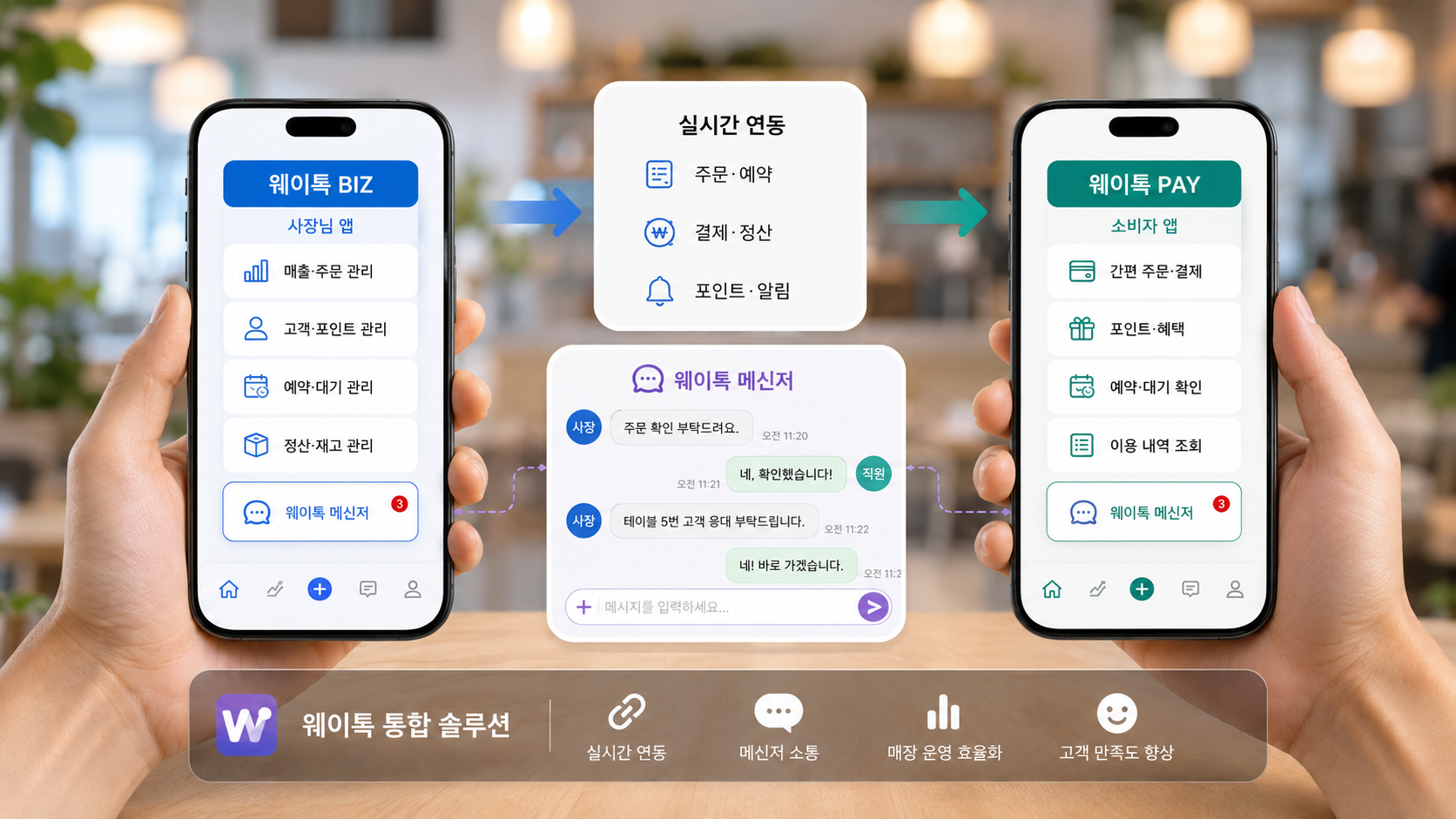 사장님용 웨이톡BIZ 앱과 소비자용 웨이톡PAY 앱이 주문·예약, 결제·정산, 포인트·알림 항목으로 실시간 연동되고 웨이톡 메신저로 대화를 주고받는 화면 구성