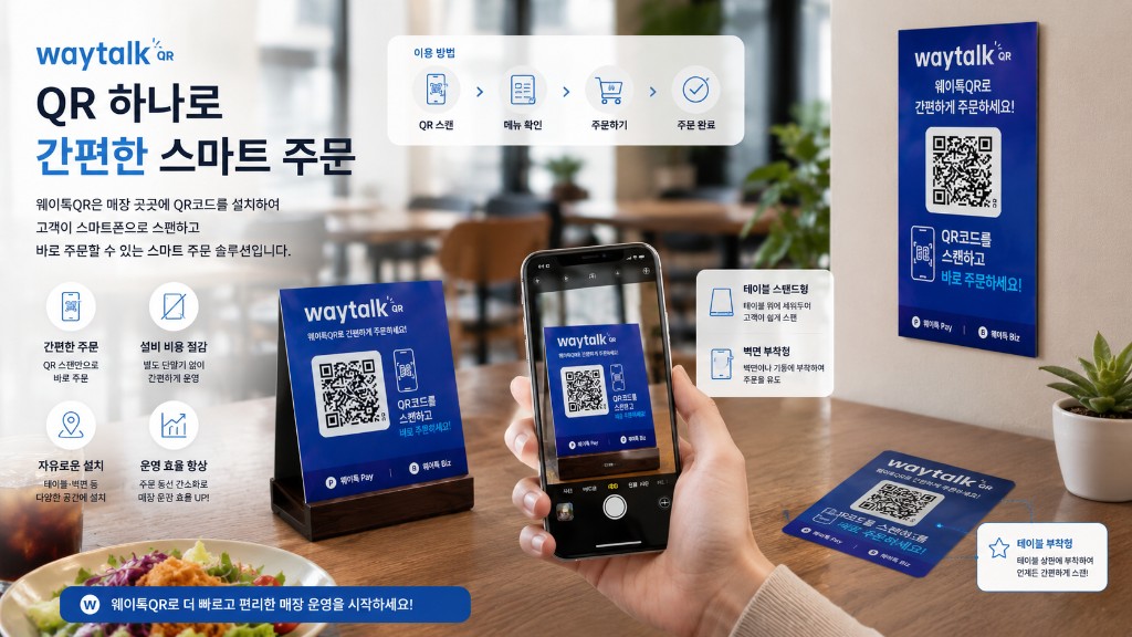 테이블 스탠드, 벽면과 바닥에 설치된 웨이톡QR을 스마트폰으로 스캔해 주문하는 모습
