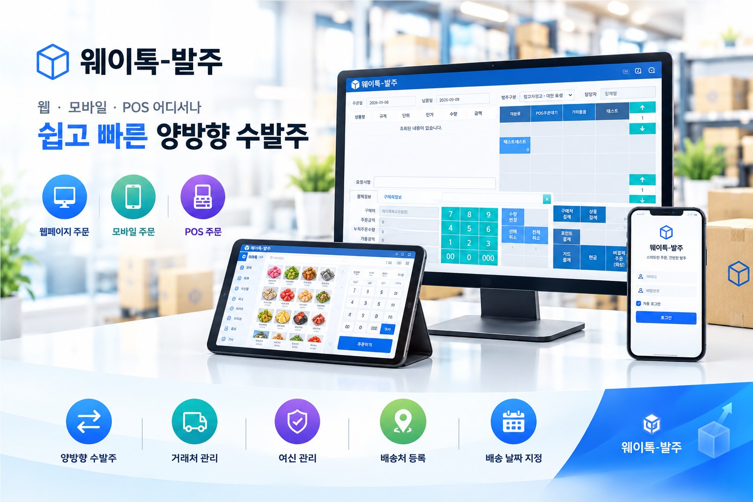 웨이톡-발주 화면이 실행된 데스크톱 모니터와 상품을 터치로 선택하는 태블릿, 로그인 화면이 열린 스마트폰. 양방향 수발주, 거래처 관리, 여신 관리, 배송처 등록, 배송 날짜 지정 기능 안내